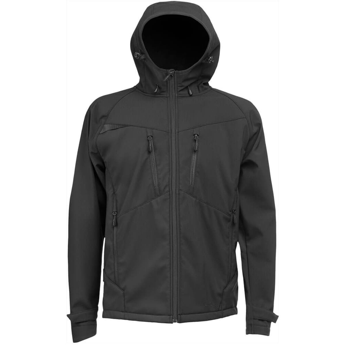 A black softshell jacket with a hood, featuring multiple zippered pockets and a sleek design.