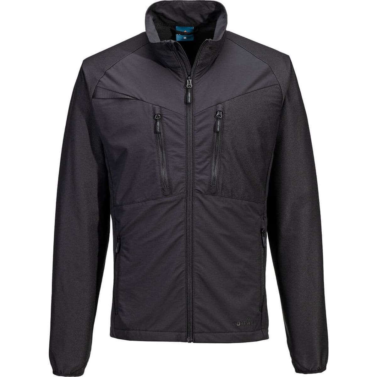 A black lightweight mid layer jacket featuring a zip-up front and two zippered chest pockets. It has a logo on the front.