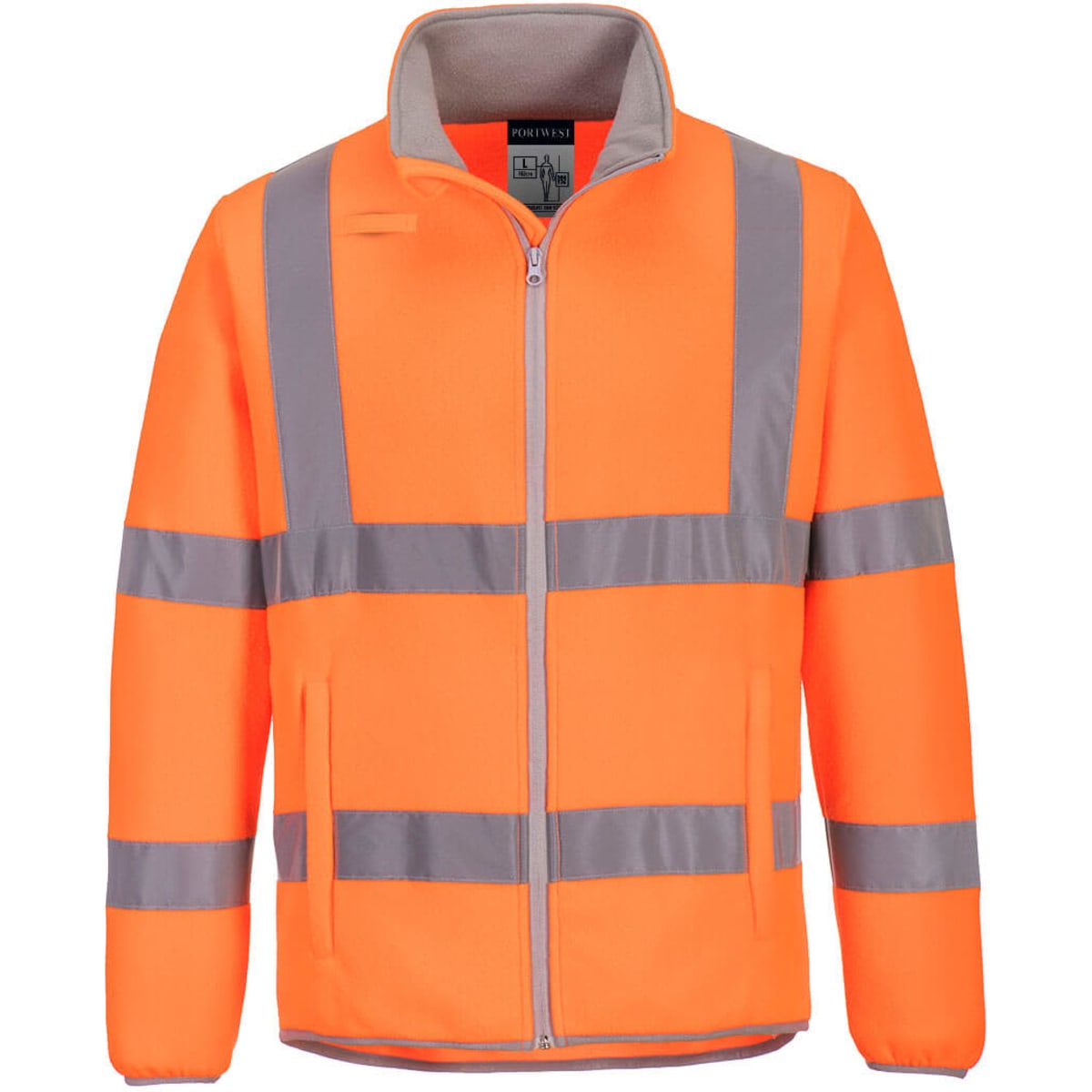 An orange fleece jacket featuring grey reflective stripes, designed for high visibility and safety. It has a logo on the front.