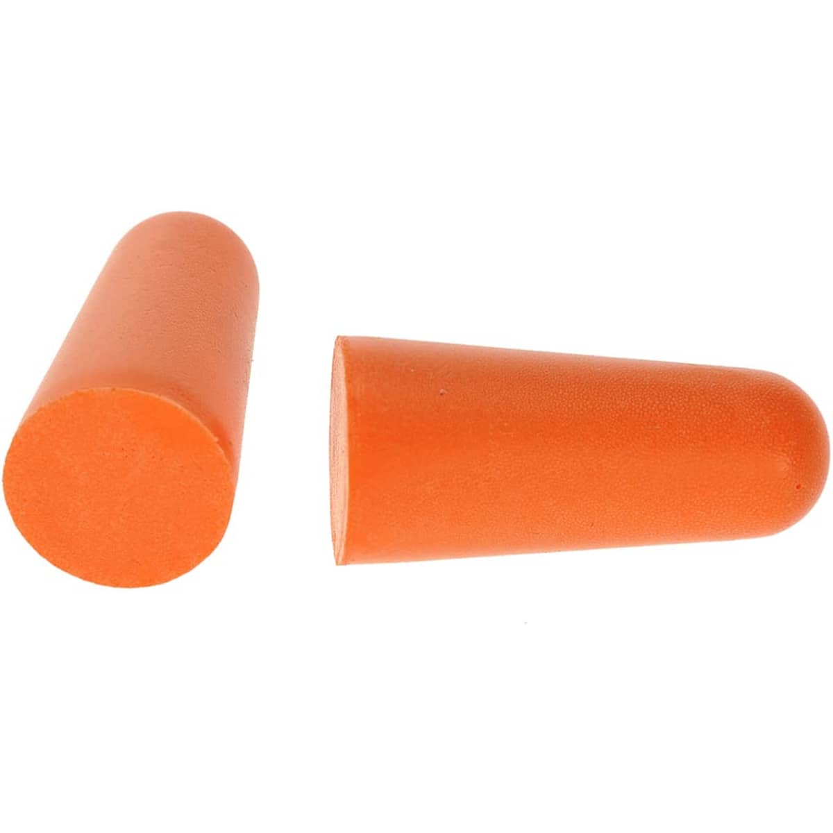 Two orange PU foam ear plugs displayed, one standing upright and one lying flat. The image includes branding.