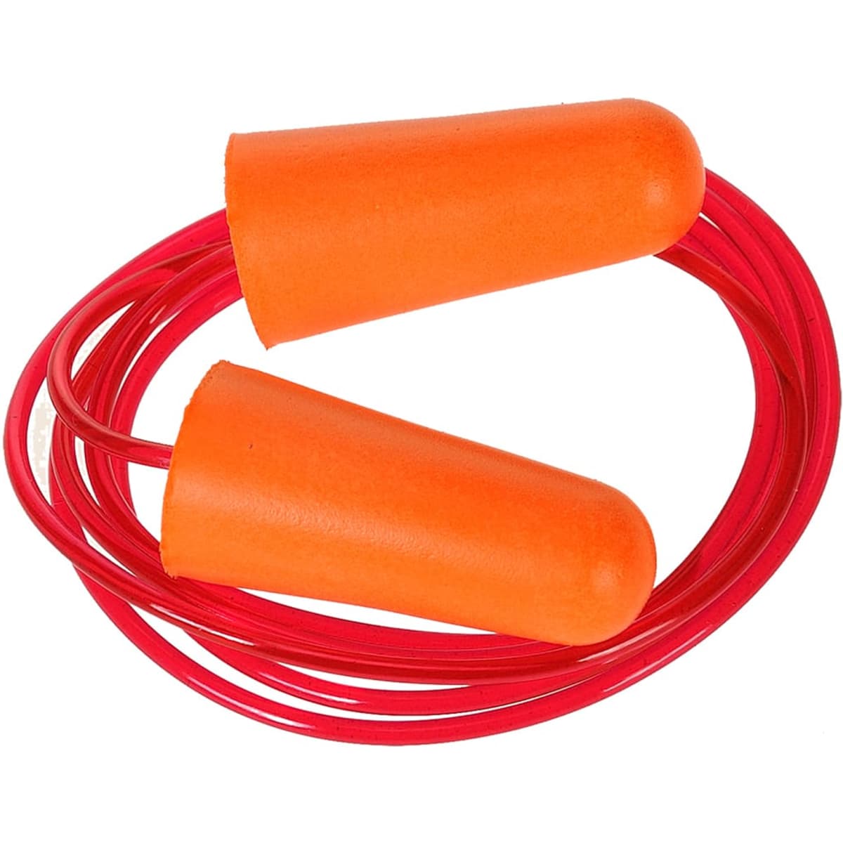 Corded foam ear plugs in vibrant orange, connected by a red cord. The design is simple and practical.