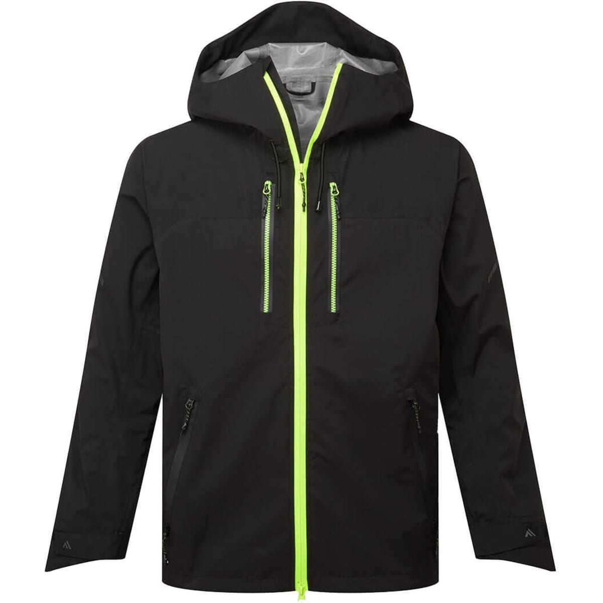 A black shell jacket with a zippered front and bright green accents, featuring a hood and multiple pockets.