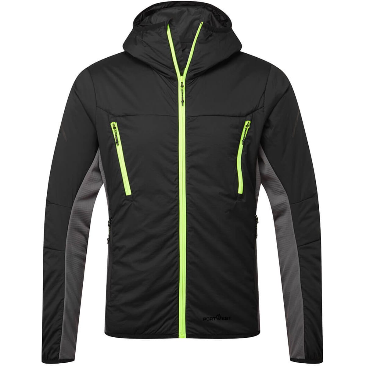 An insulated hybrid jacket in black with bright green zippers and grey paneling. It features a hood and multiple pockets.
