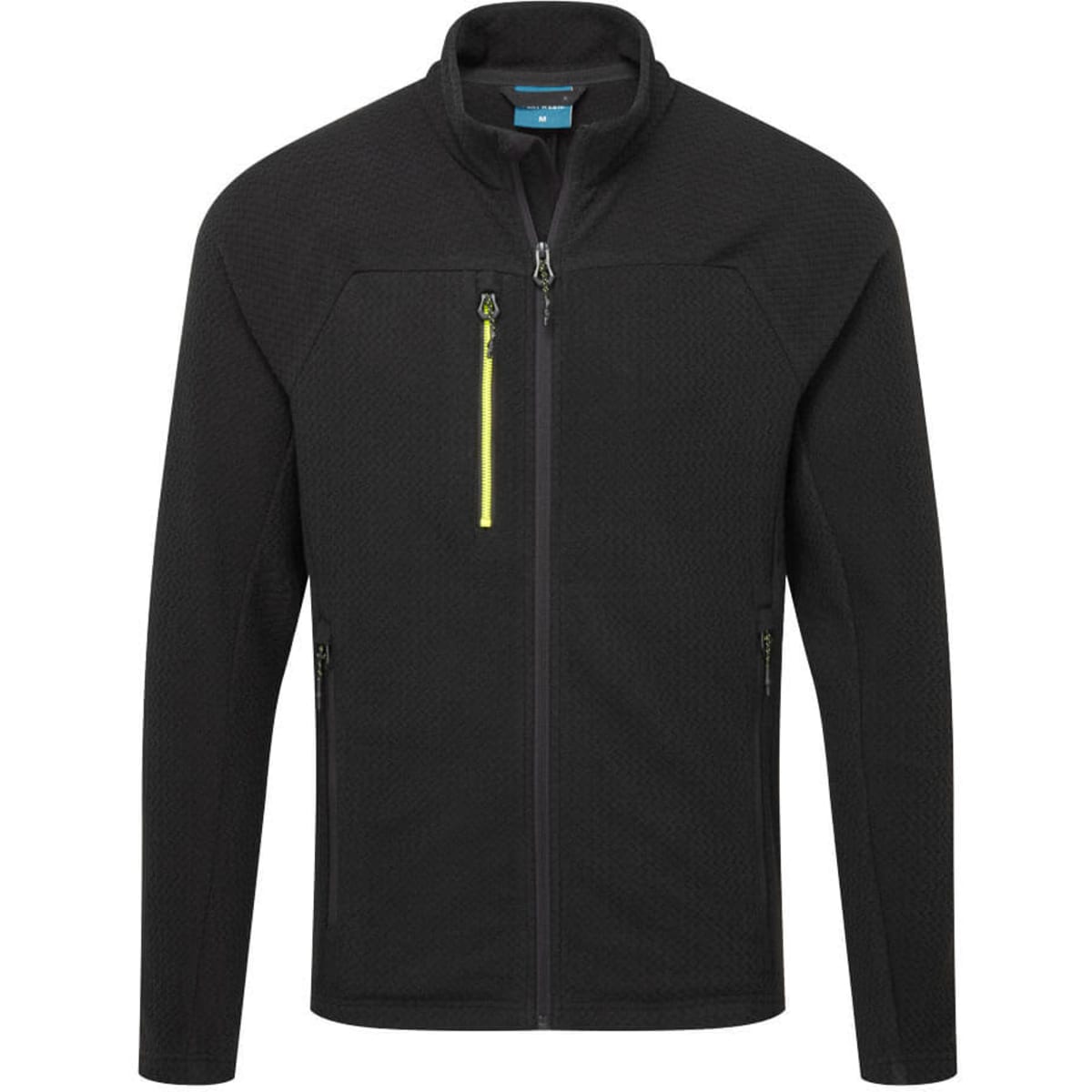 A black textured fleece jacket featuring a zip front, stand-up collar, and a yellow zip detail on the chest.