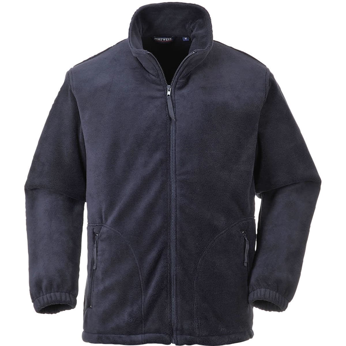 A navy blue polar fleece jacket featuring a zip front and side pockets, with a collar and elasticated cuffs.