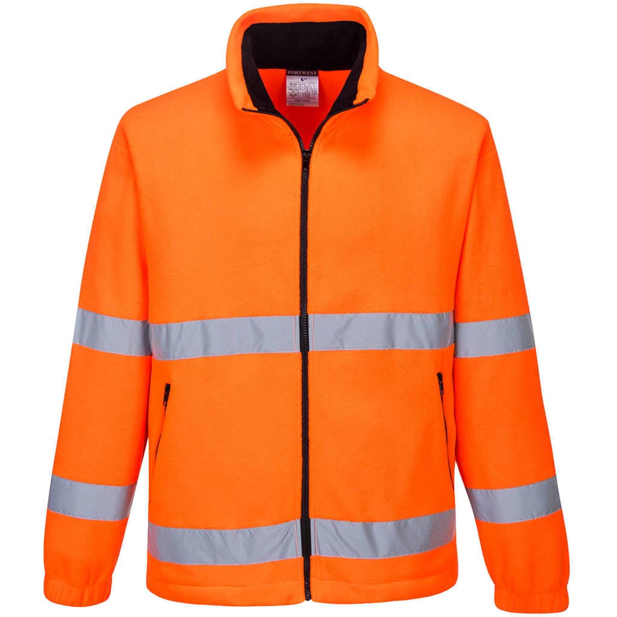 A bright orange fleece jacket with reflective strips and a zip front. The jacket features a collar and has a logo.