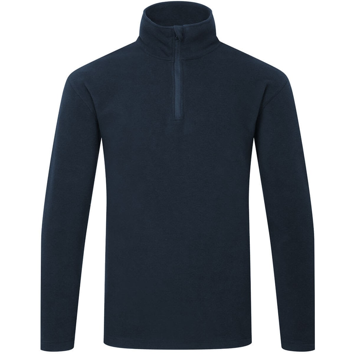 A navy pullover fleece jumper with long sleeves and a zip neck. Features a logo on the front.