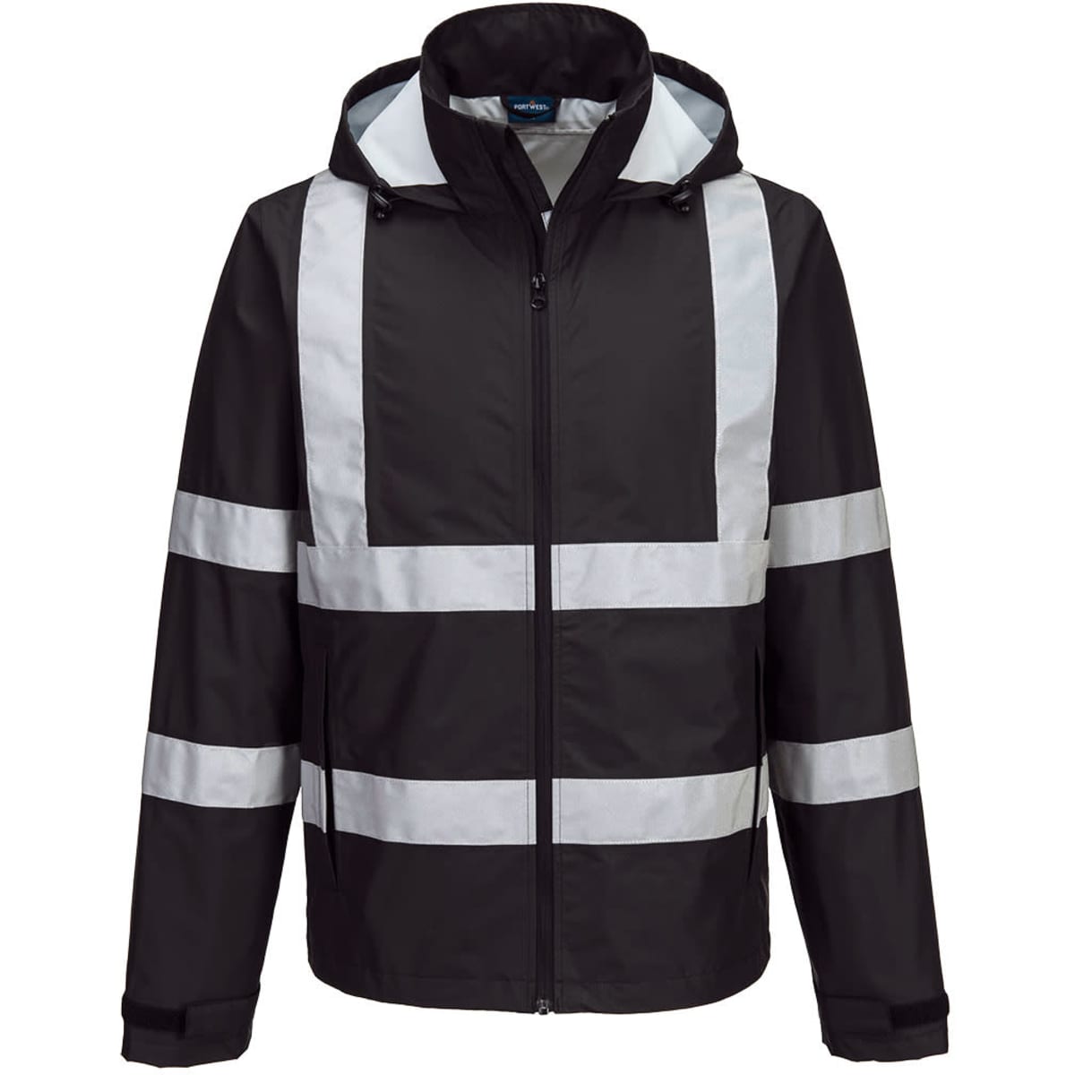 A black lightweight packable jacket with reflective stripes and a hood. It features a logo on the front.