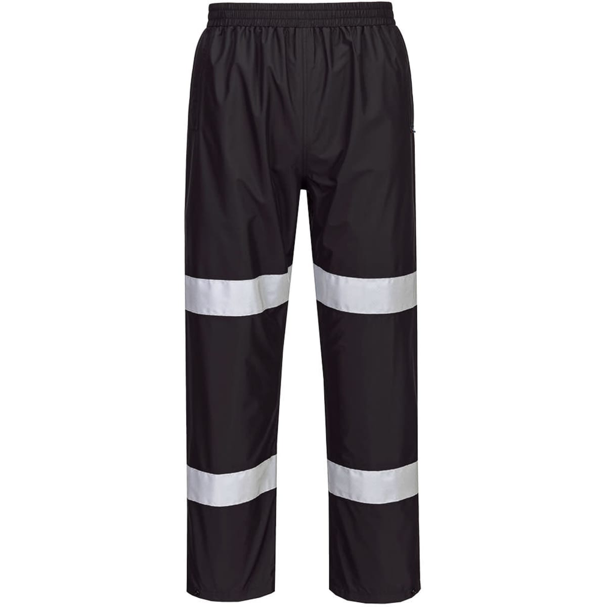 Black lightweight packable trousers with reflective white stripes and an elastic waistband. Features a logo.
