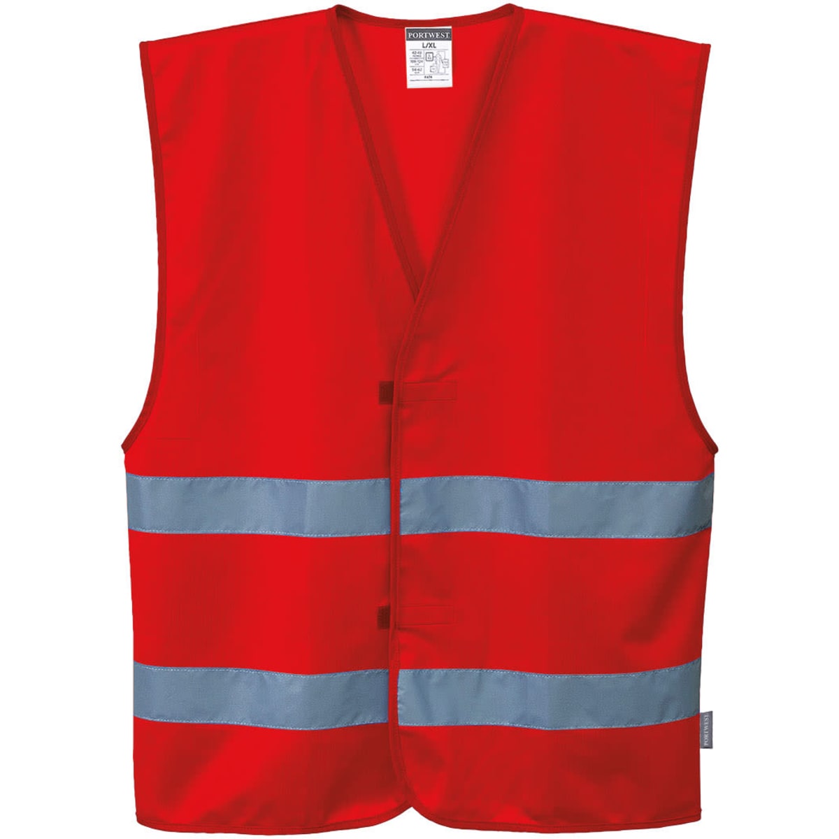 A red safety vest featuring two reflective bands and a front opening. It has a logo on the label.