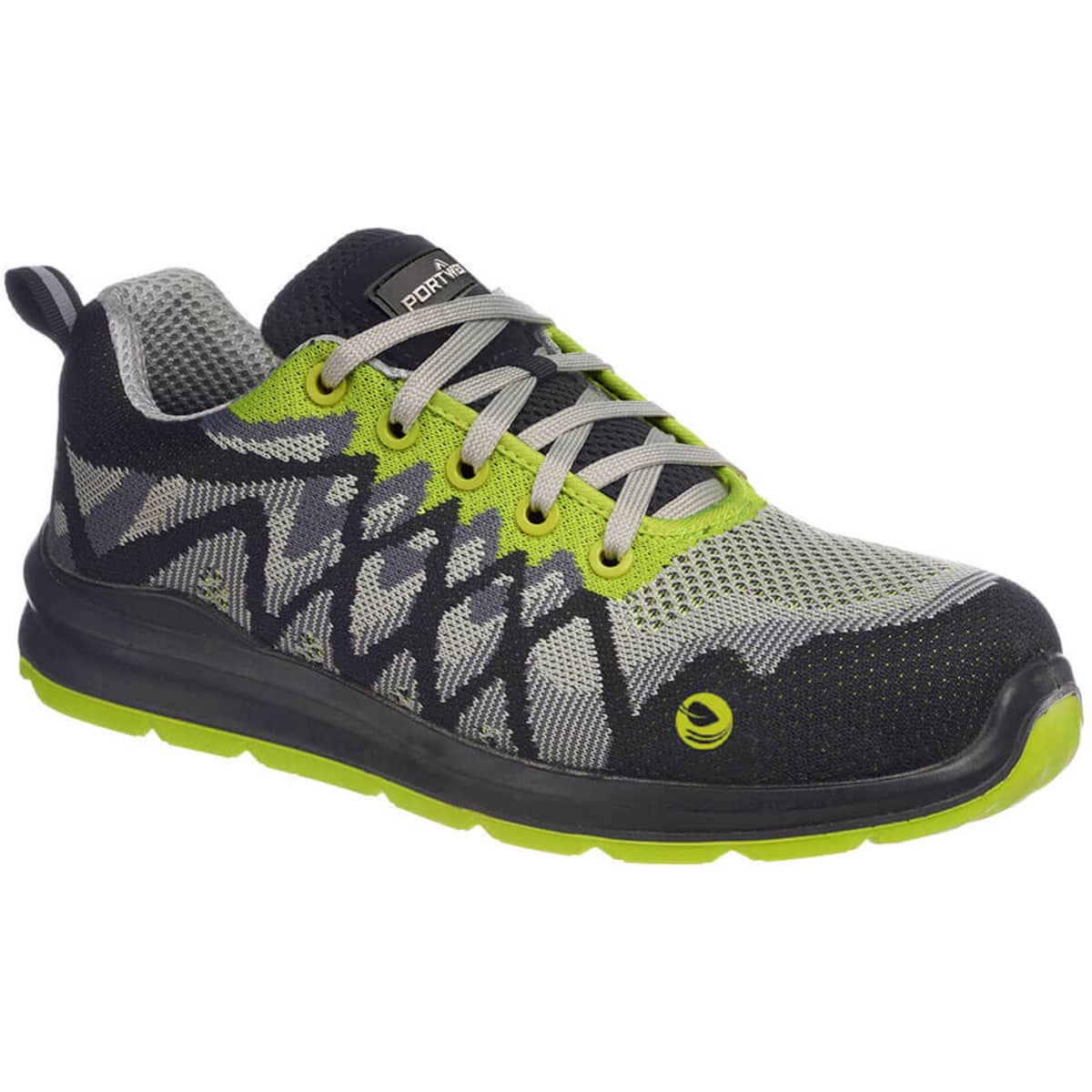 A black and lime safety shoe with a breathable upper and a sturdy sole, featuring a logo on the side.