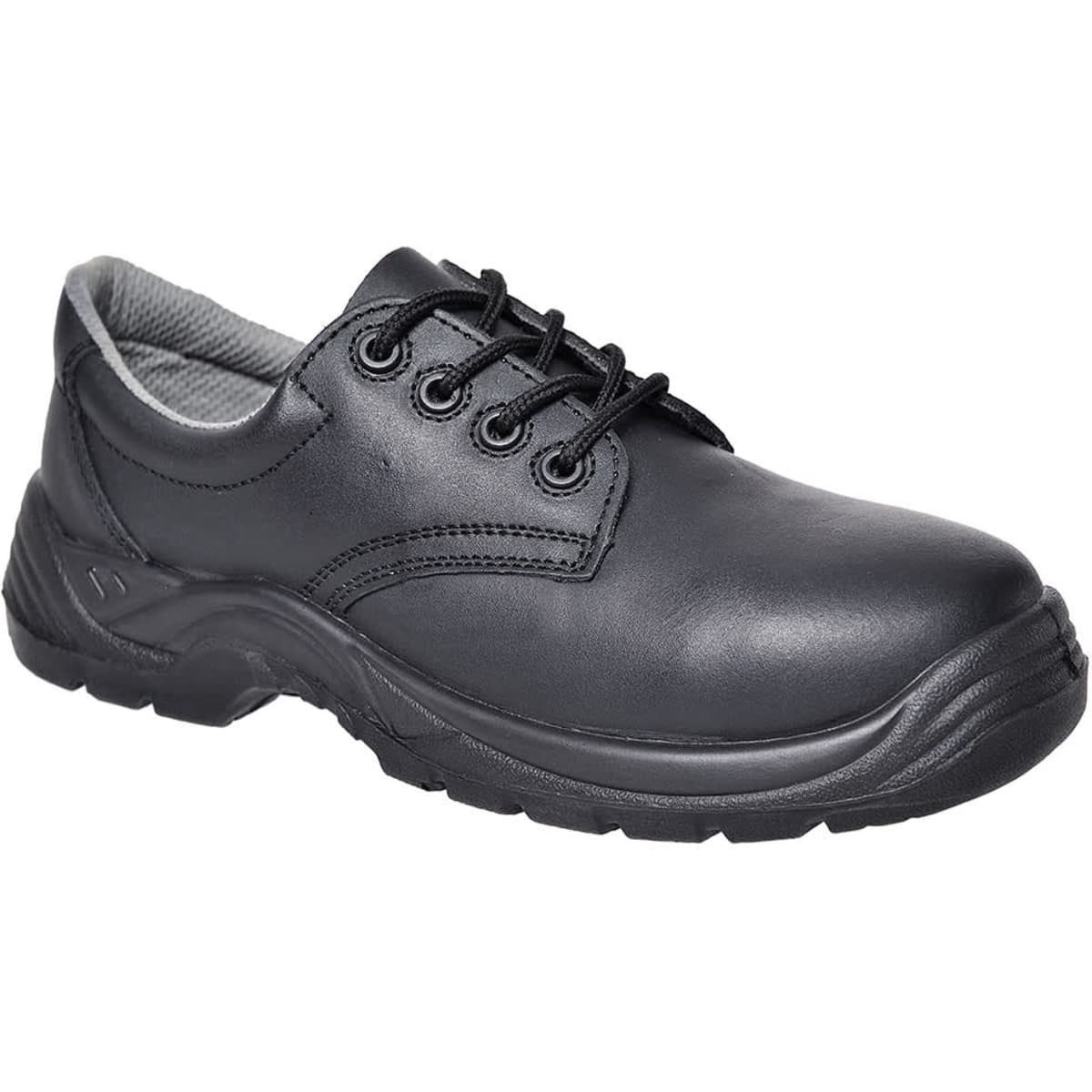 A black leather low shoe with a moulded rubber sole and laces, featuring a textured design and a grey interior.