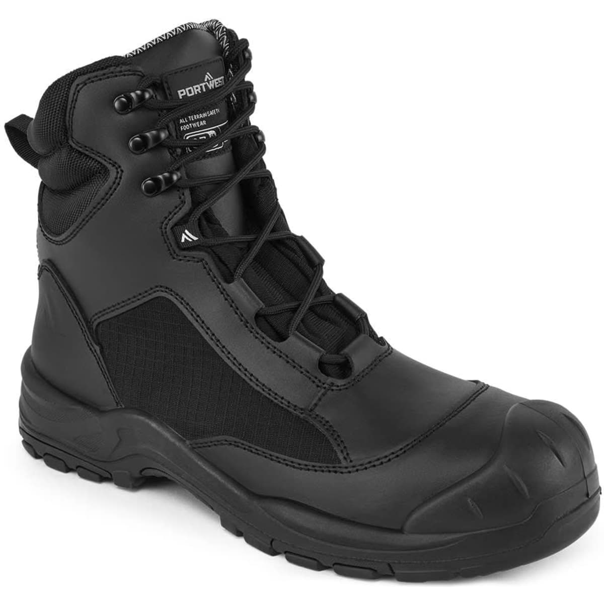 A black occupational boot featuring a high ankle design, reinforced toe cap, and lace-up closure.