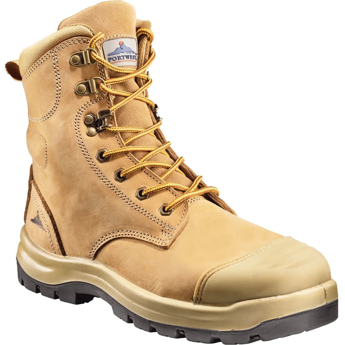 A tan safety boot featuring metal eyelets, laces, and a reinforced toe cap. It has a logo on the tongue.