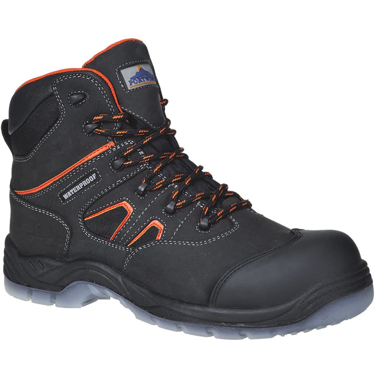 A black and orange composite air boot featuring a waterproof design and safety toe. Includes a logo on the side.