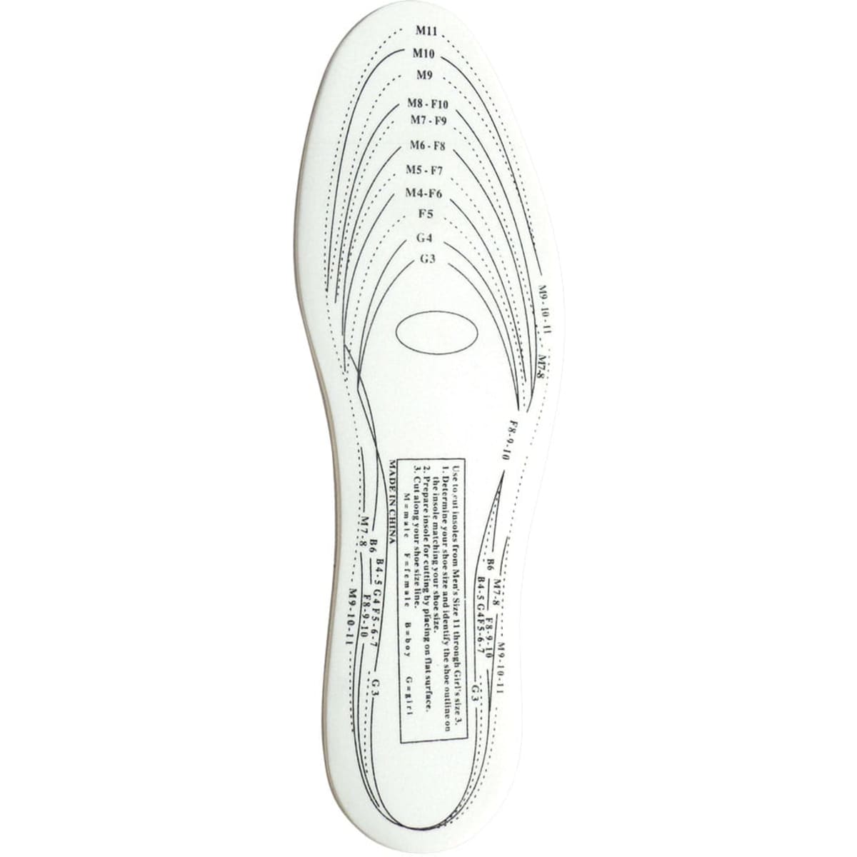 A white memory foam insole featuring various markings and measurements, with a logo at the bottom.