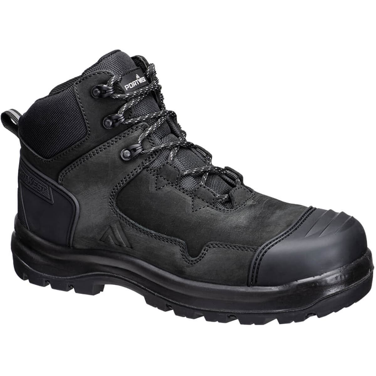 A black mid boot with a sturdy design, featuring lace-up closure and a textured upper. Includes a logo on the side.