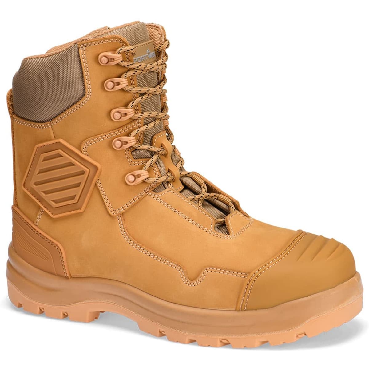 A tan composite leather boot featuring a high ankle design, lacing system, and a logo on the side.