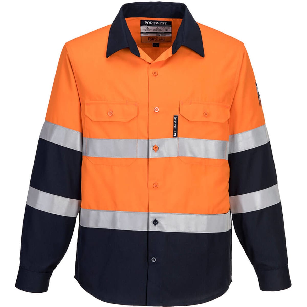 An orange and navy blue long-sleeved shirt featuring reflective stripes and a logo on the sleeve.