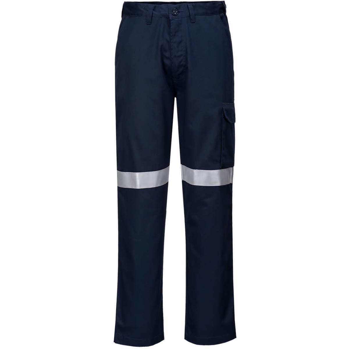 Navy pants featuring reflective stripes and a side pocket, designed for practical use. Includes a logo.
