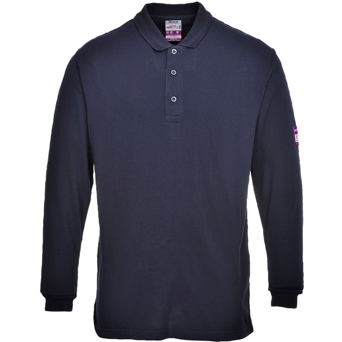 A navy long-sleeve polo shirt with a collar and a logo on the sleeve. Suitable for workwear.