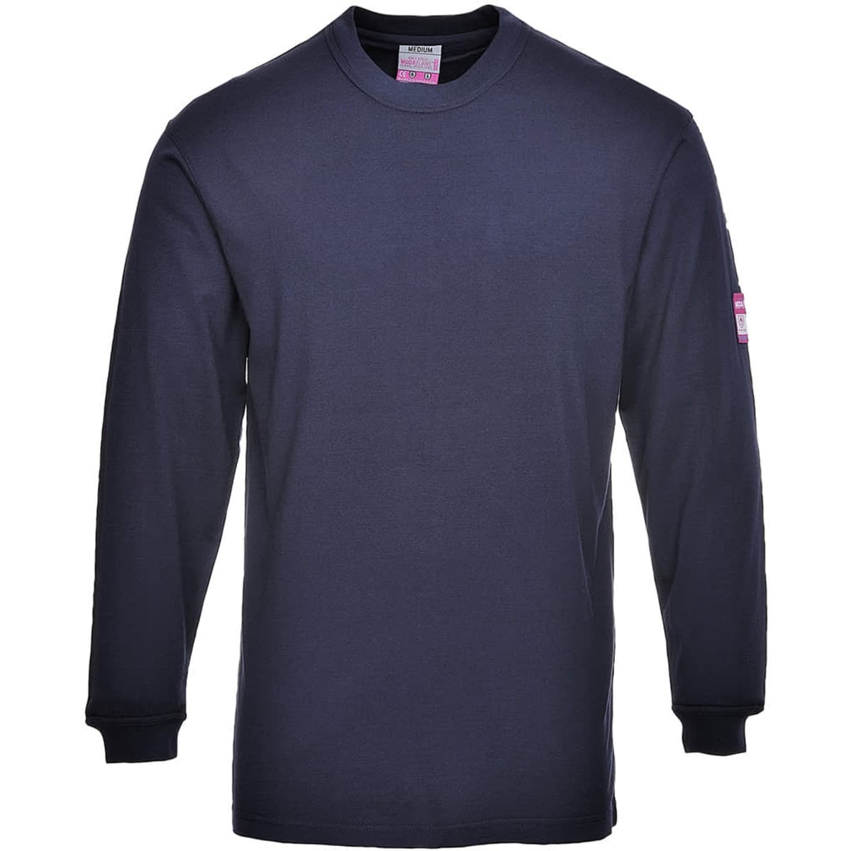 A navy long-sleeved T-shirt with a round neckline and a logo on the sleeve, designed for workwear.
