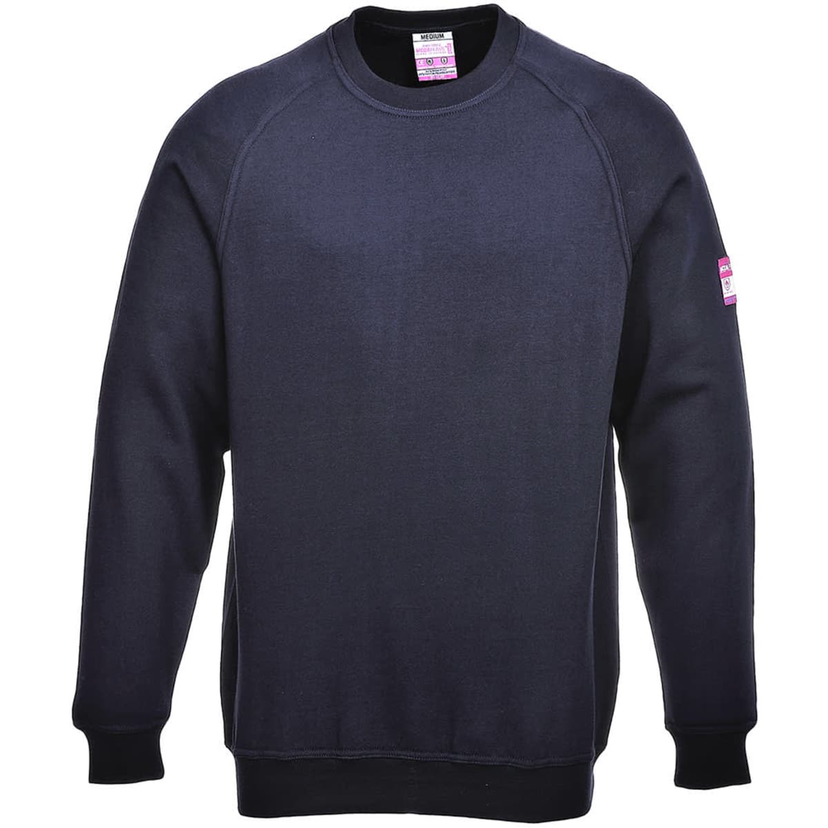 A navy blue antistatic sweatshirt with a logo, featuring a rounded neckline and ribbed cuffs.