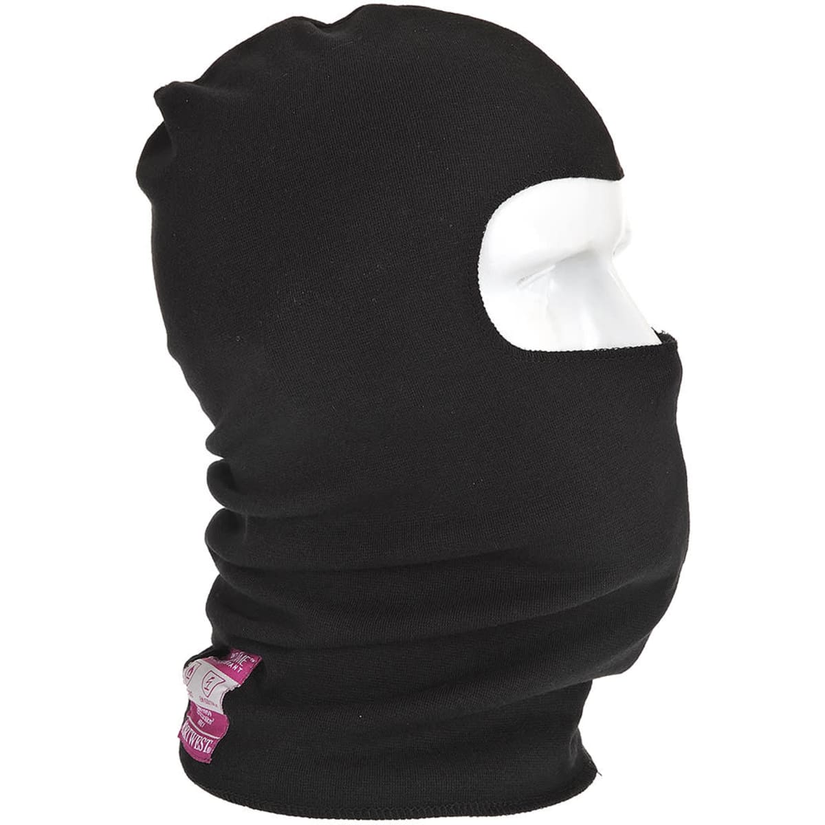 A black balaclava with an opening for the face, displayed on a mannequin head. It features a small logo.
