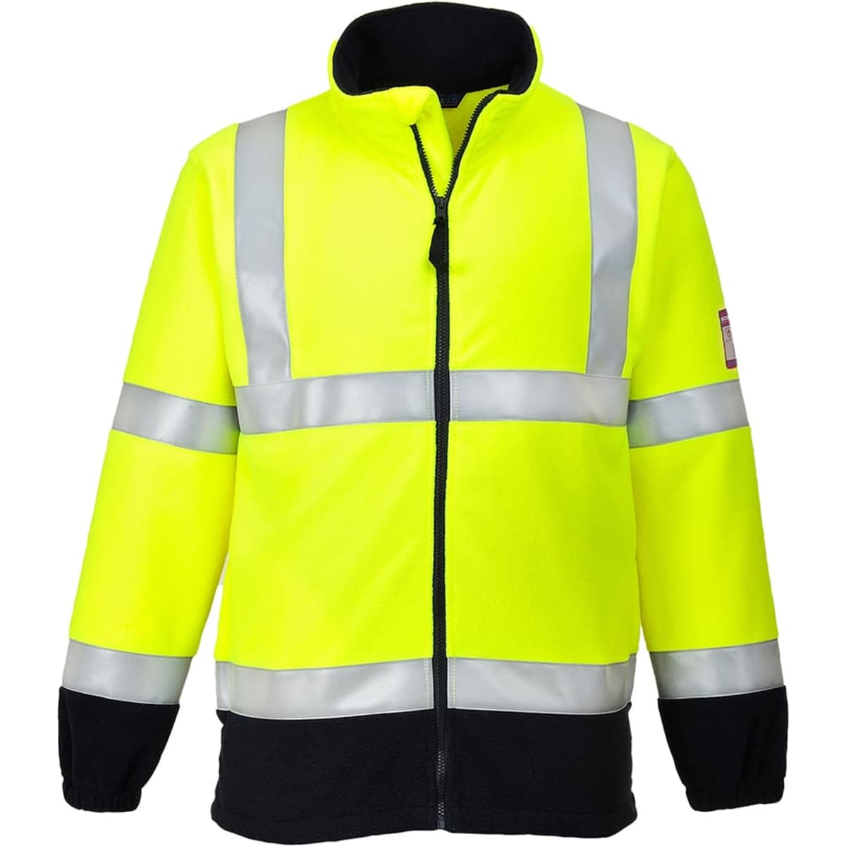 Hi-Vis fleece jacket in bright yellow with reflective strips, featuring a black collar and cuffs. Includes branding.