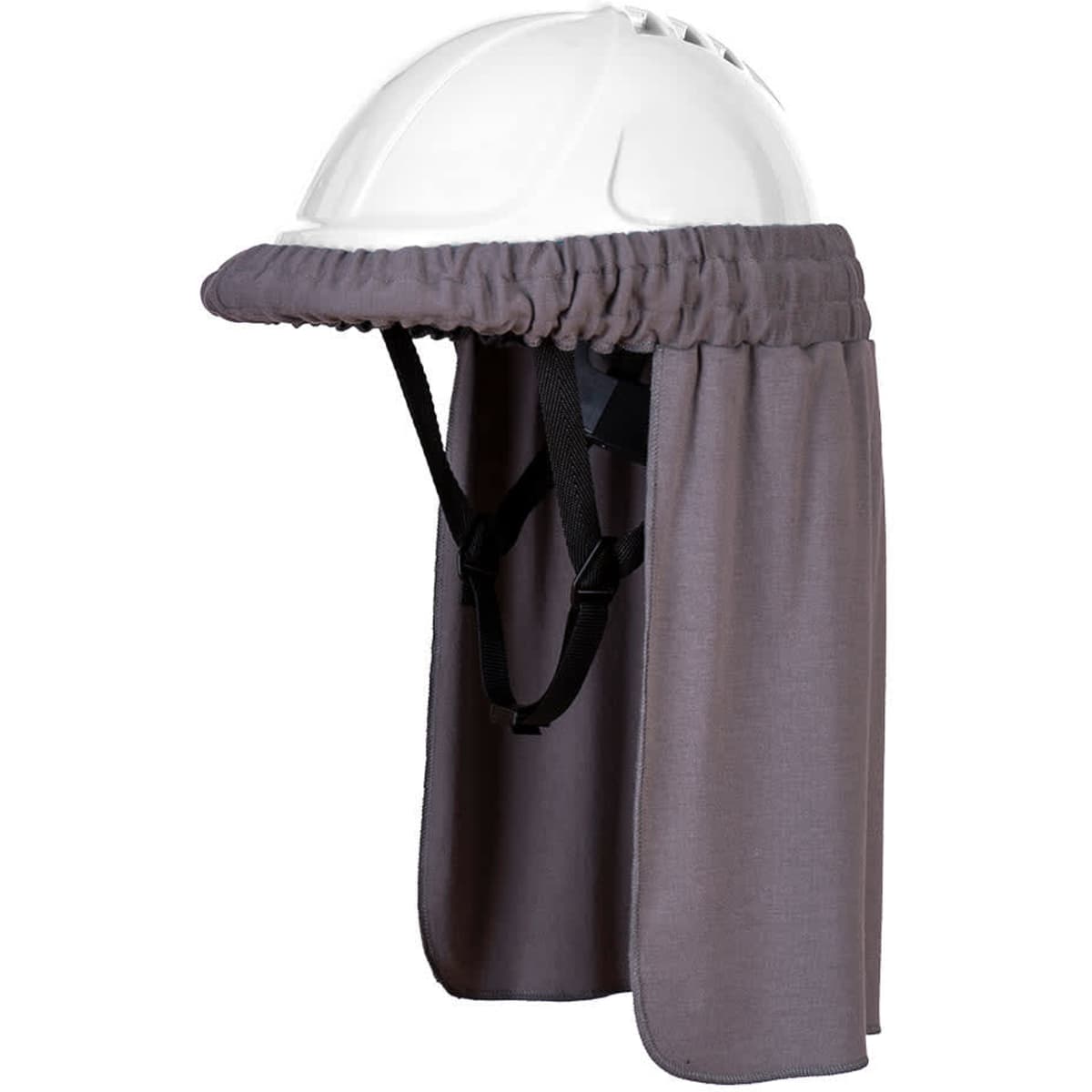 A white safety helmet with a grey neck shade attached, featuring adjustable straps at the back.