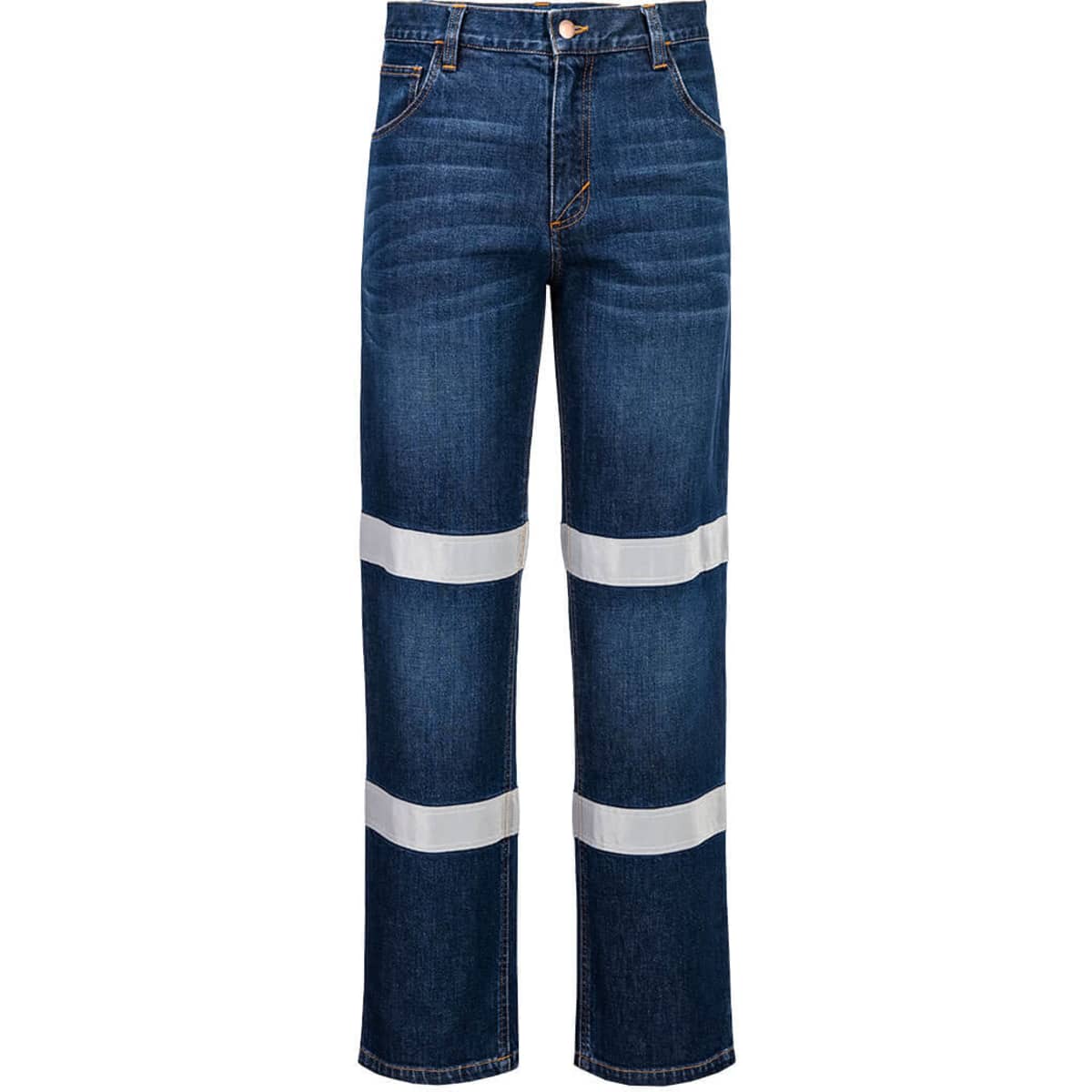 A pair of blue denim jeans featuring white reflective strips and a standard five-pocket design.