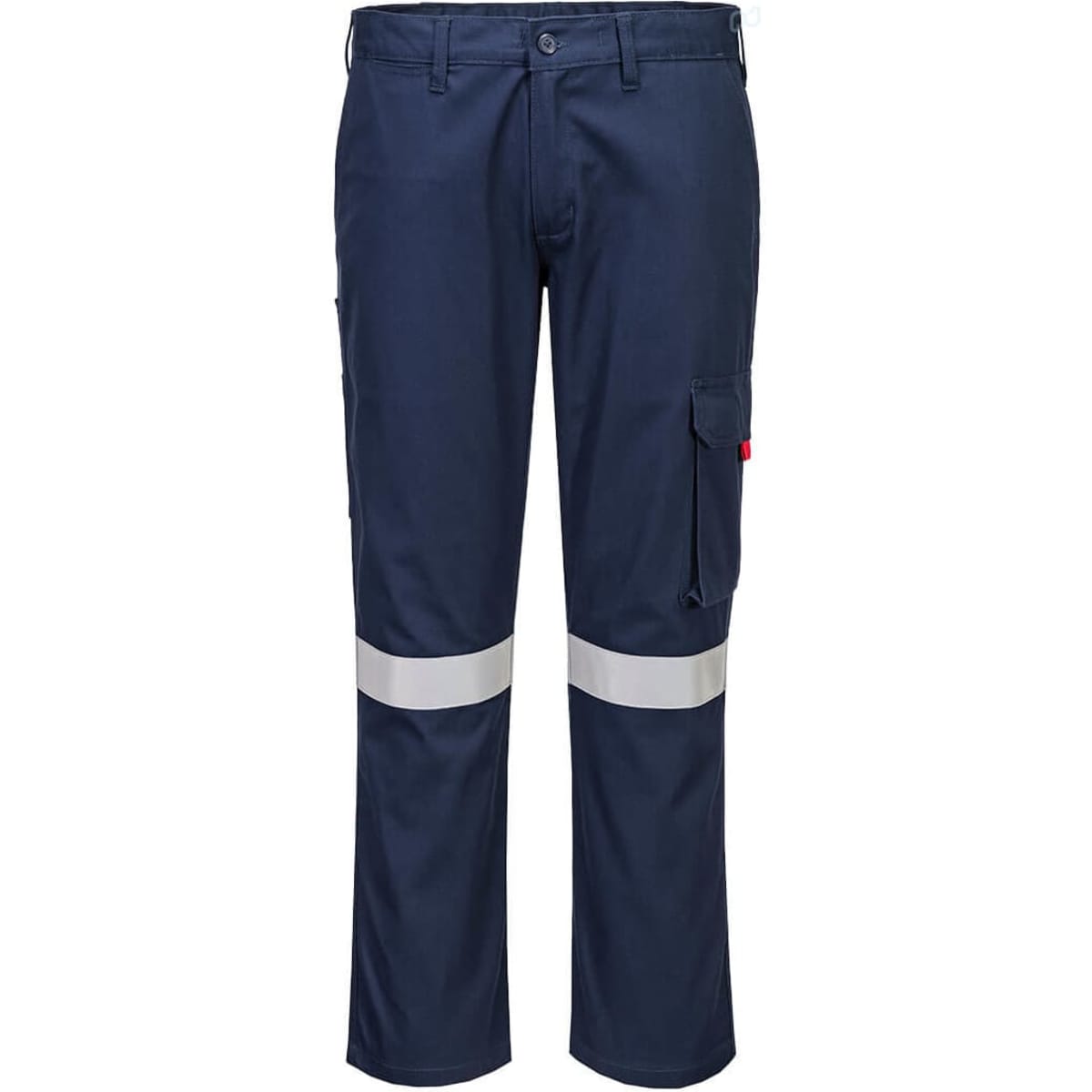 Navy blue cargo pants with reflective tape, featuring side pockets and a brand logo.