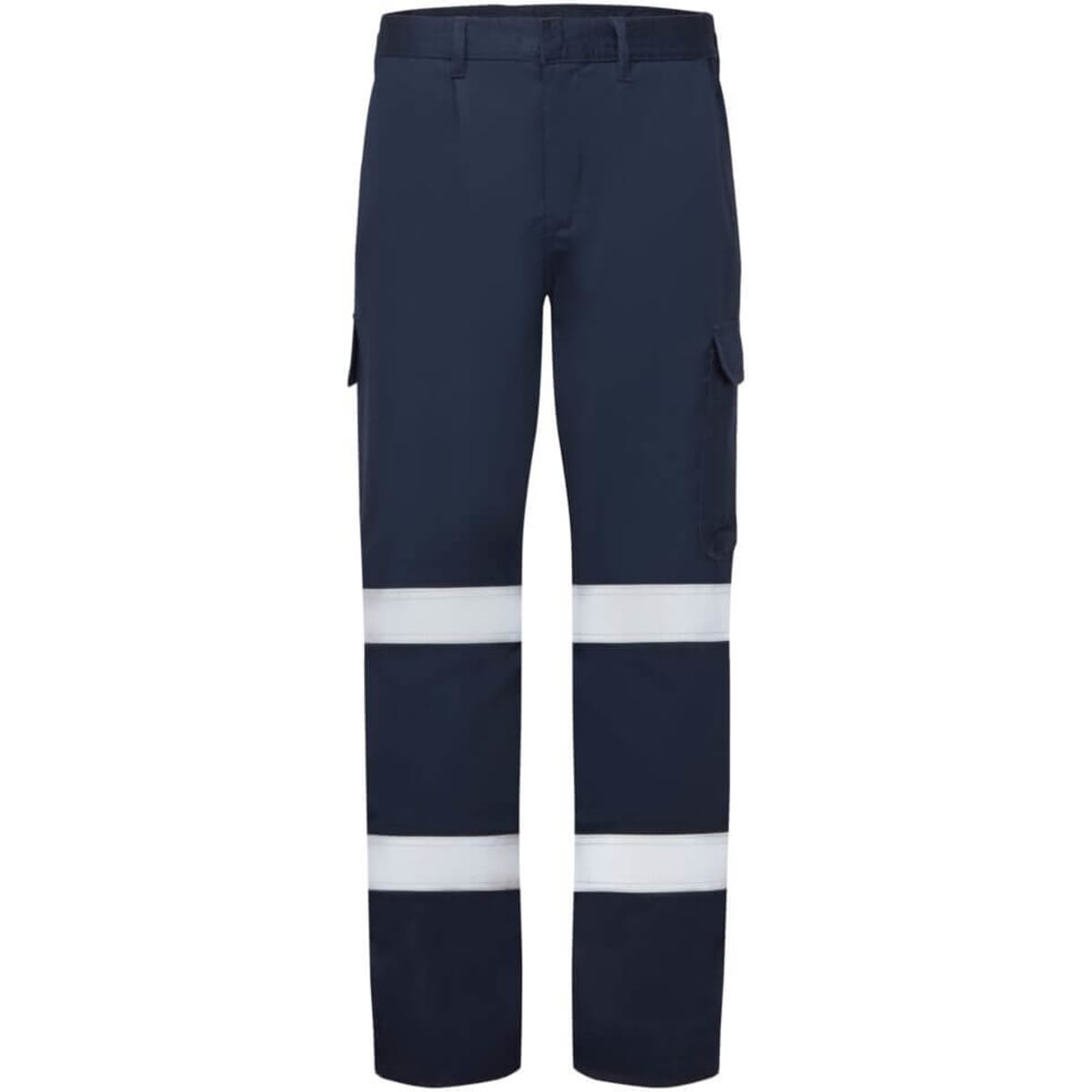 Navy work pants featuring reflective stripes and multiple pockets. Includes a logo on the garment.