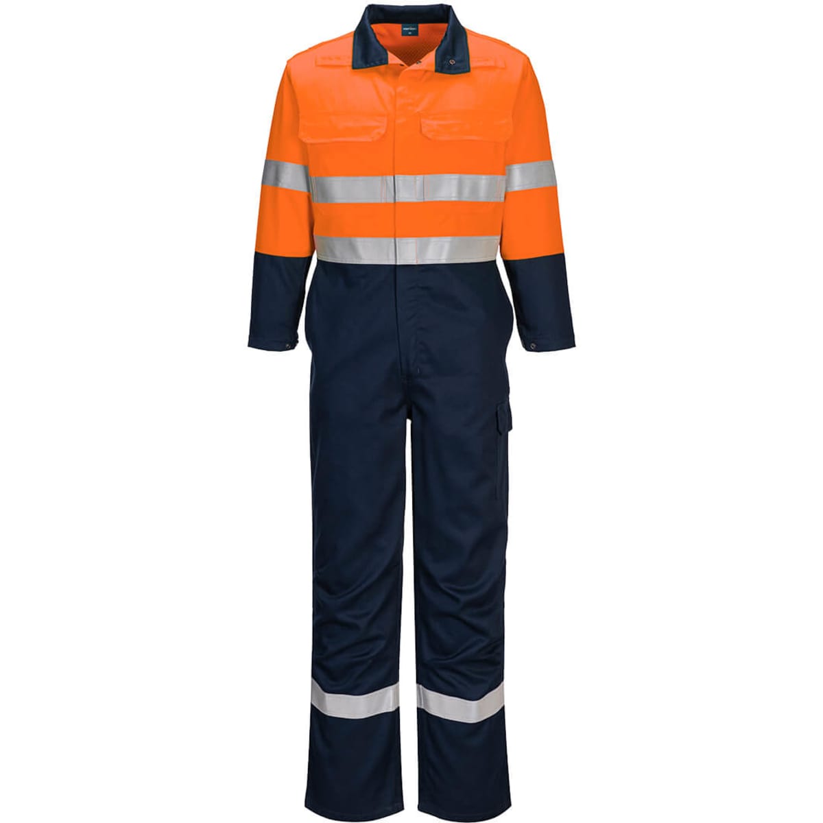 A safety coverall in orange and navy, featuring reflective stripes and a logo.