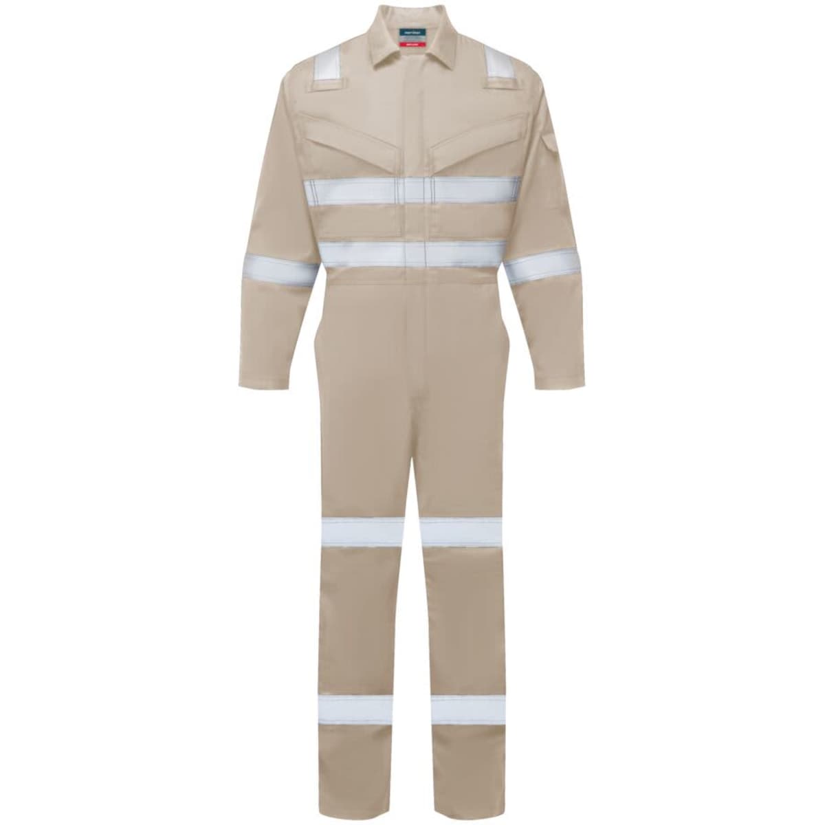 A beige coverall with reflective stripes, featuring long sleeves and a front zip. It has a logo.