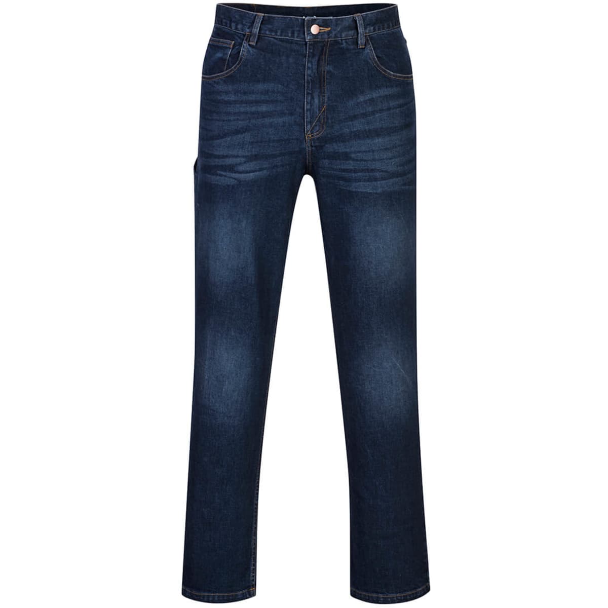FR Stretch Denim Jeans in a dark blue wash with a classic five-pocket design and a branded logo.