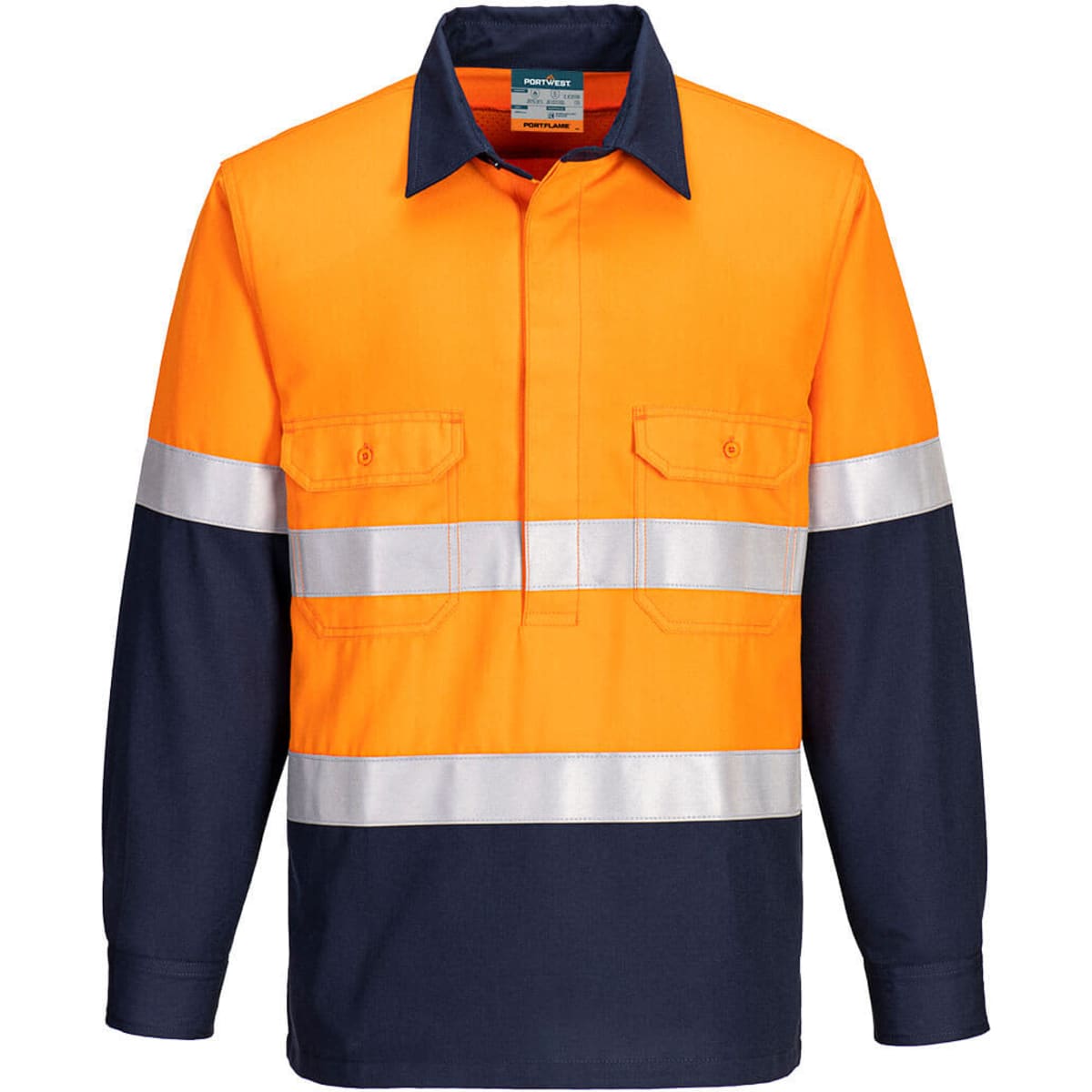 A two-tone long-sleeve work shirt featuring bright orange and navy blue colours with reflective stripes and a logo.