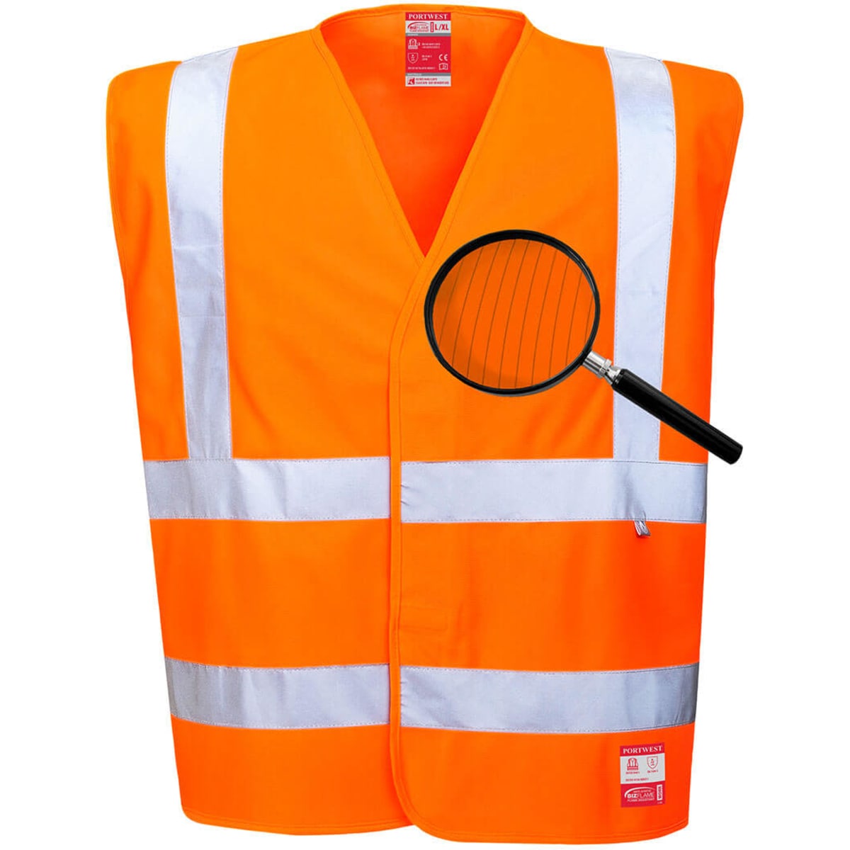 An orange antistatic work vest featuring reflective stripes and a logo, designed for safety in work environments.