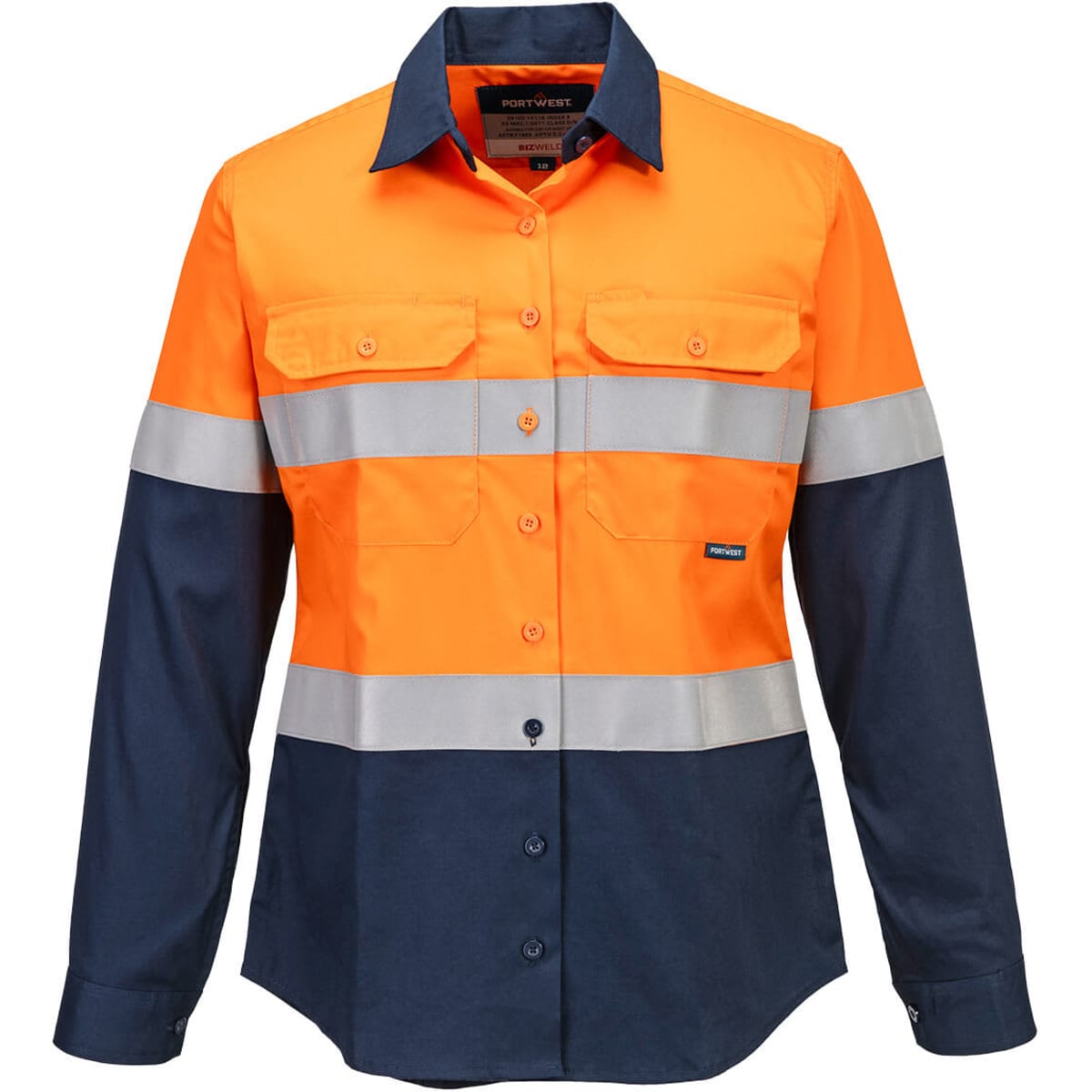 A women's long-sleeved shirt in high-visibility orange and navy, featuring reflective stripes and two front pockets.