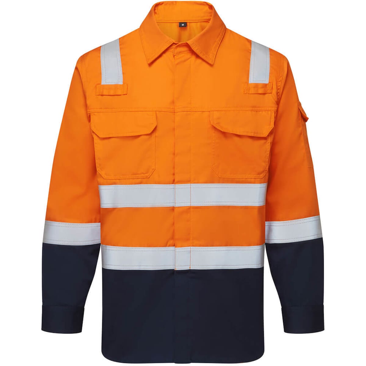 A two-tone work shirt featuring an orange upper section and navy blue lower section, with reflective strips and pockets.