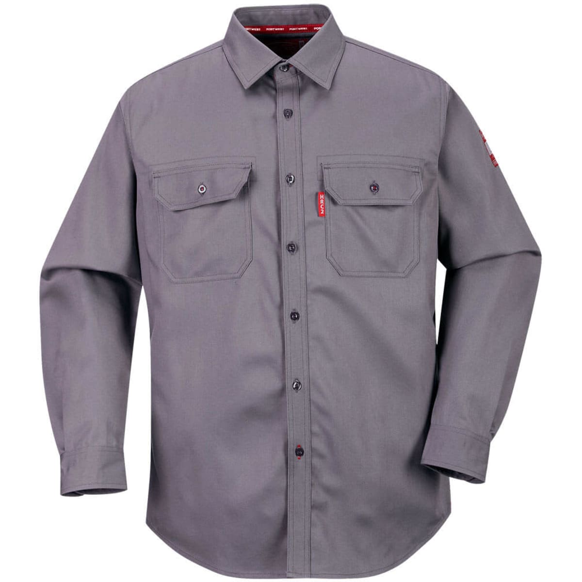 A grey work shirt with two chest pockets and long sleeves, featuring a logo on one sleeve.