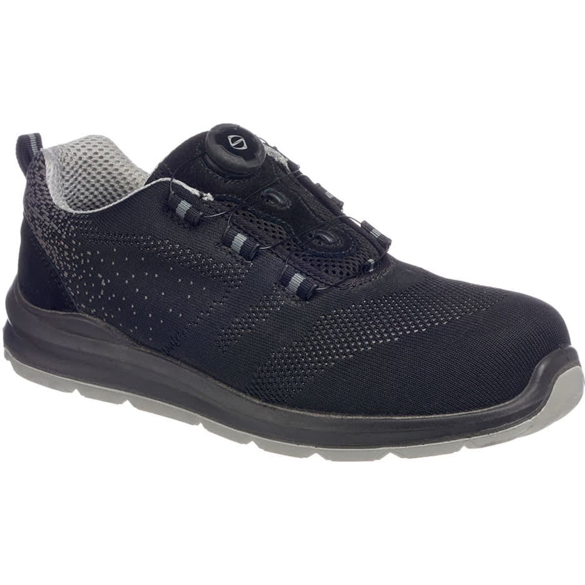 A black Wire Lace Safety Trainer S1P with a textured upper and a grey sole, featuring a branded logo.