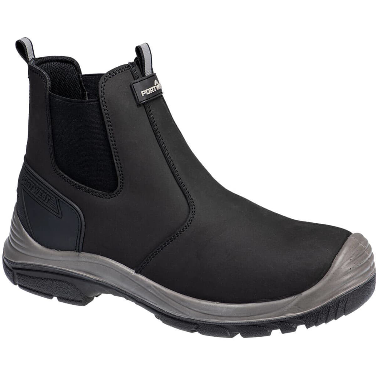A black nubuck dealer boot with elastic sides and a rubber sole, featuring a logo on the side.