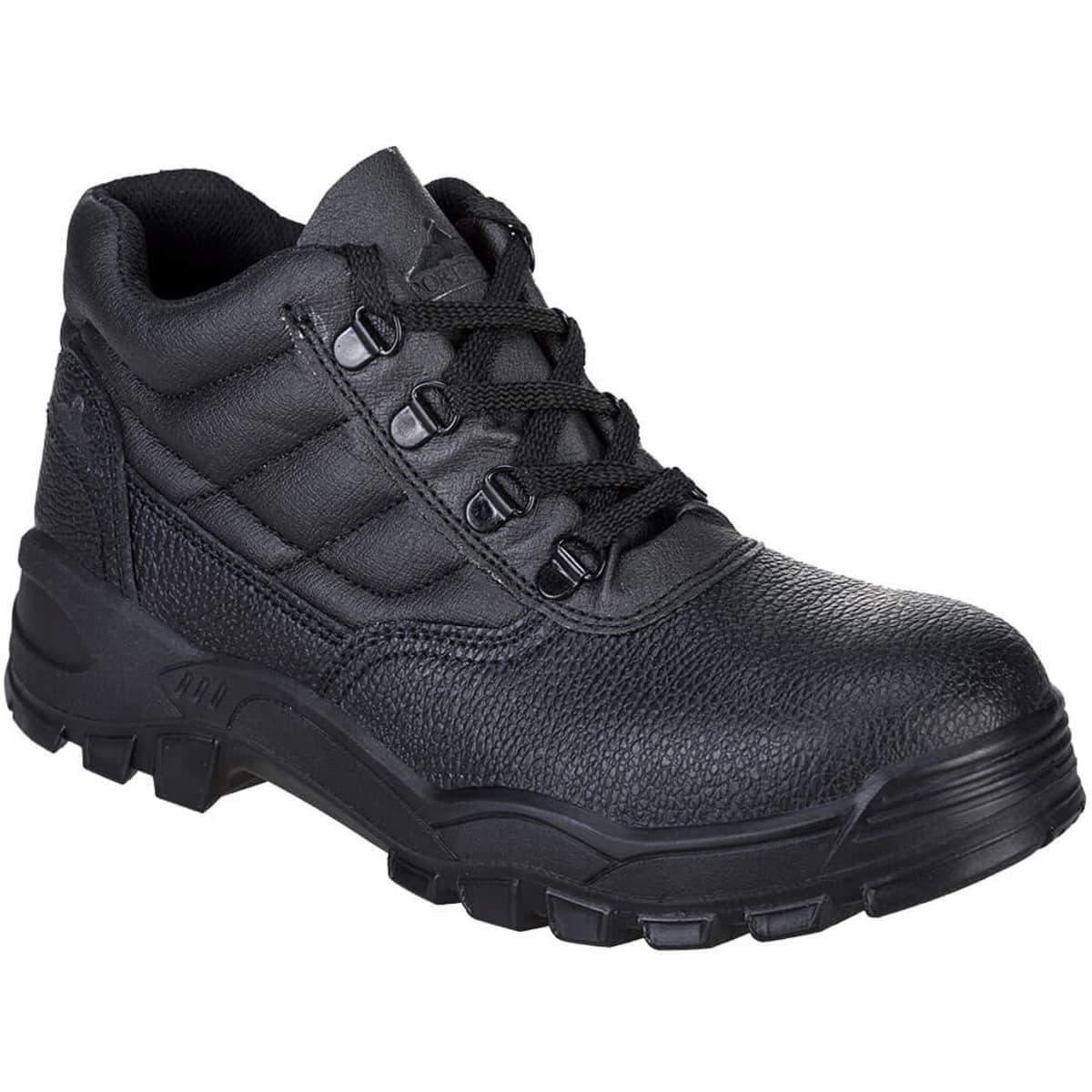 A black boot with textured detailing, featuring lace closures and a sturdy sole, suitable for various environments.