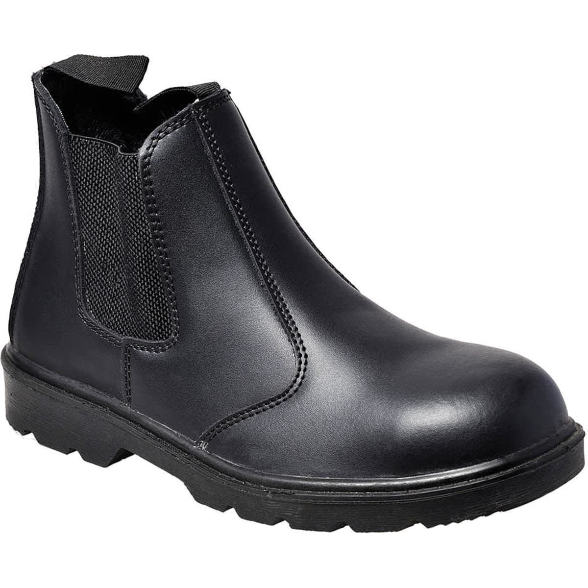 A black safety boot with elastic side panels and a sturdy sole, featuring a logo on the side.