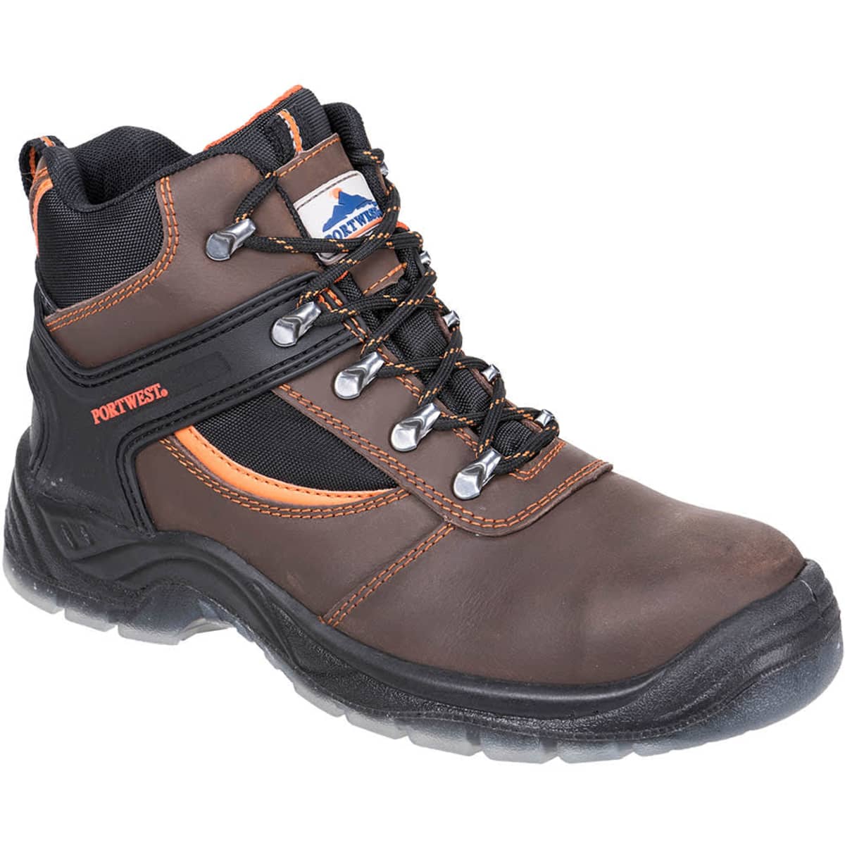 A brown and black hiker boot with orange accents, featuring a logo and metal eyelets for laces.