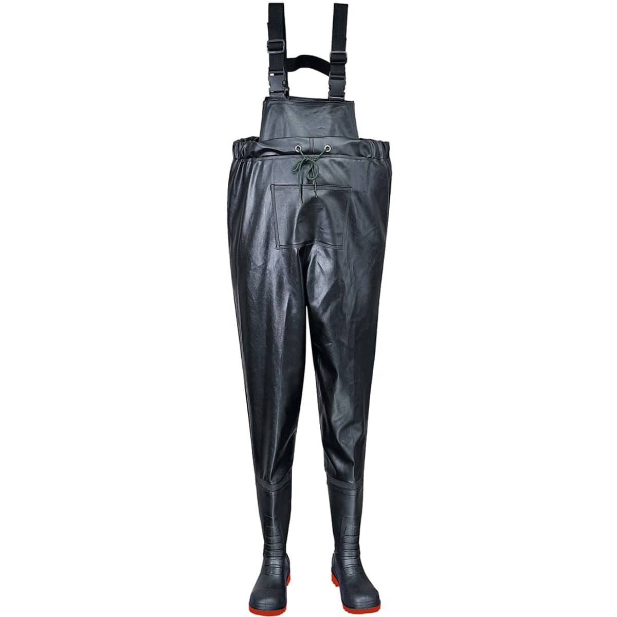 A pair of black chest waders with adjustable straps and red soles. The product has a logo on it.