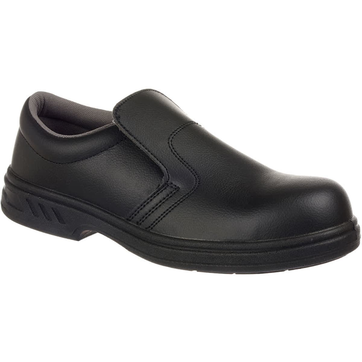 A black slip-on safety shoe with a sturdy design and a cushioned interior. Suitable for various work environments.