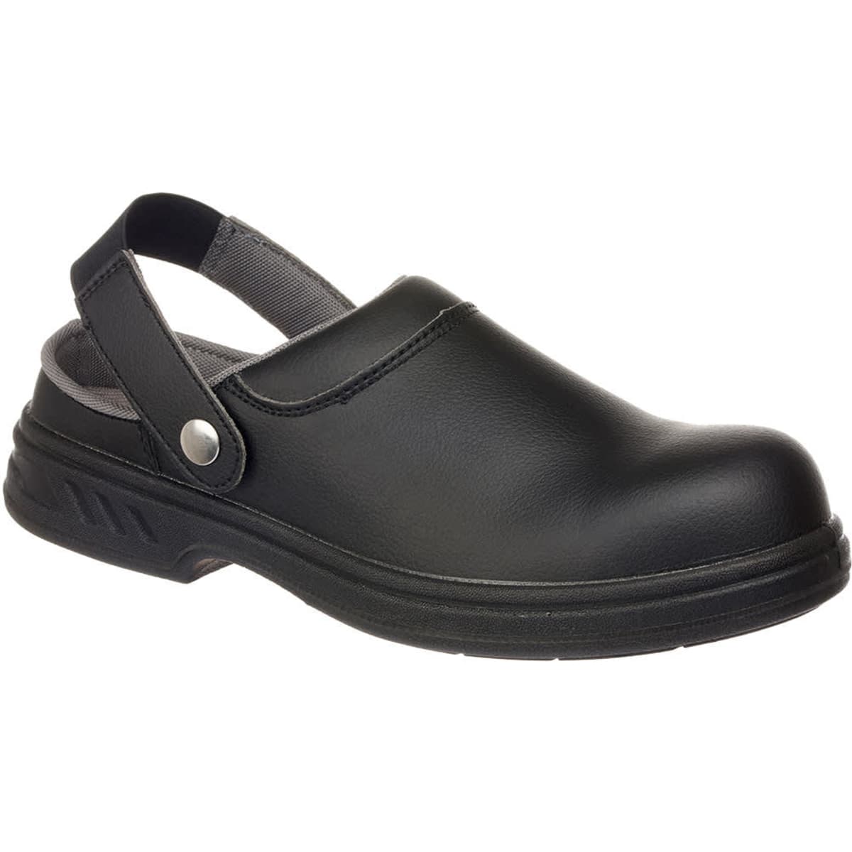 A black safety clog featuring a back strap and a sturdy sole, designed for safety wear. It has a logo on the side.