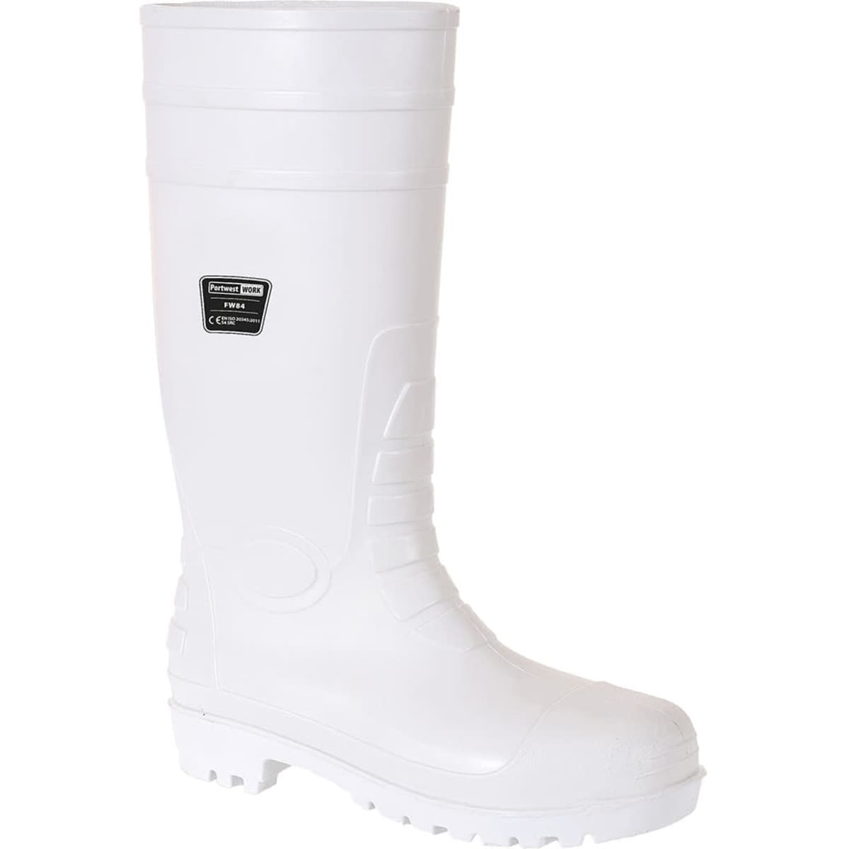 A pair of white waterproof boots with a textured sole and a branding label on the side.